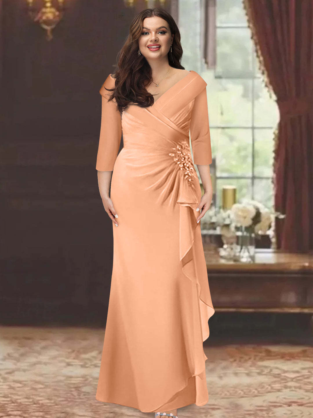 Plus Size Floor-Length V-Neck Sheath Mother of the Bride Dress with Ruffles and Appliques