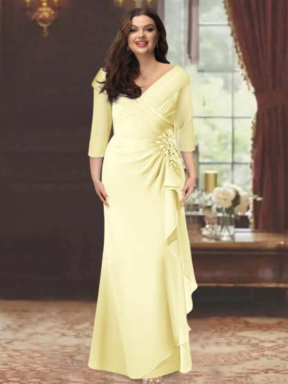 Plus Size Floor-Length V-Neck Sheath Mother of the Bride Dress with Ruffles and Appliques