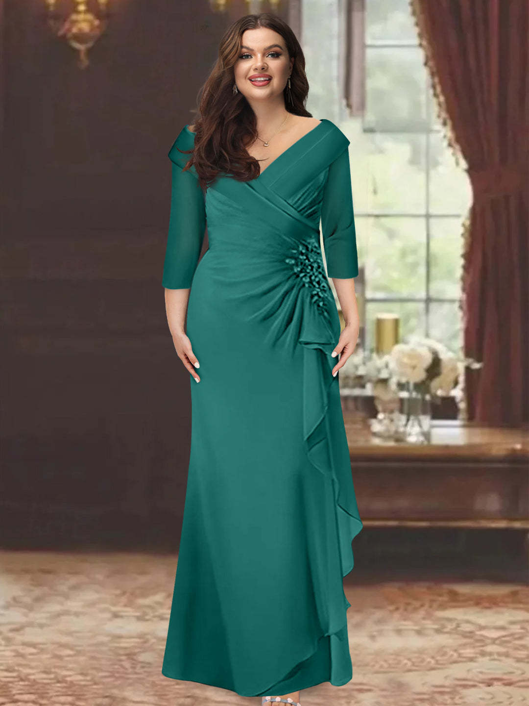 Plus Size Floor-Length V-Neck Sheath Mother of the Bride Dress with Ruffles and Appliques