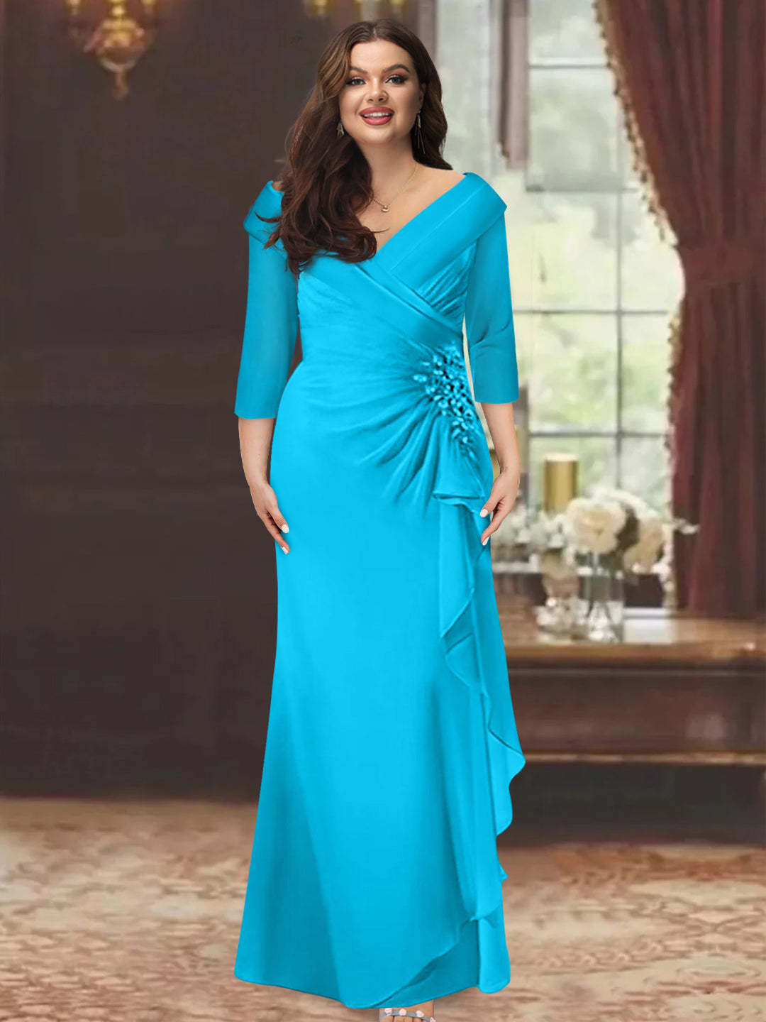 Plus Size Floor-Length V-Neck Sheath Mother of the Bride Dress with Ruffles and Appliques