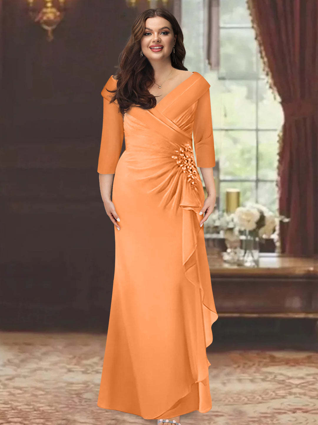 Plus Size Floor-Length V-Neck Sheath Mother of the Bride Dress with Ruffles and Appliques