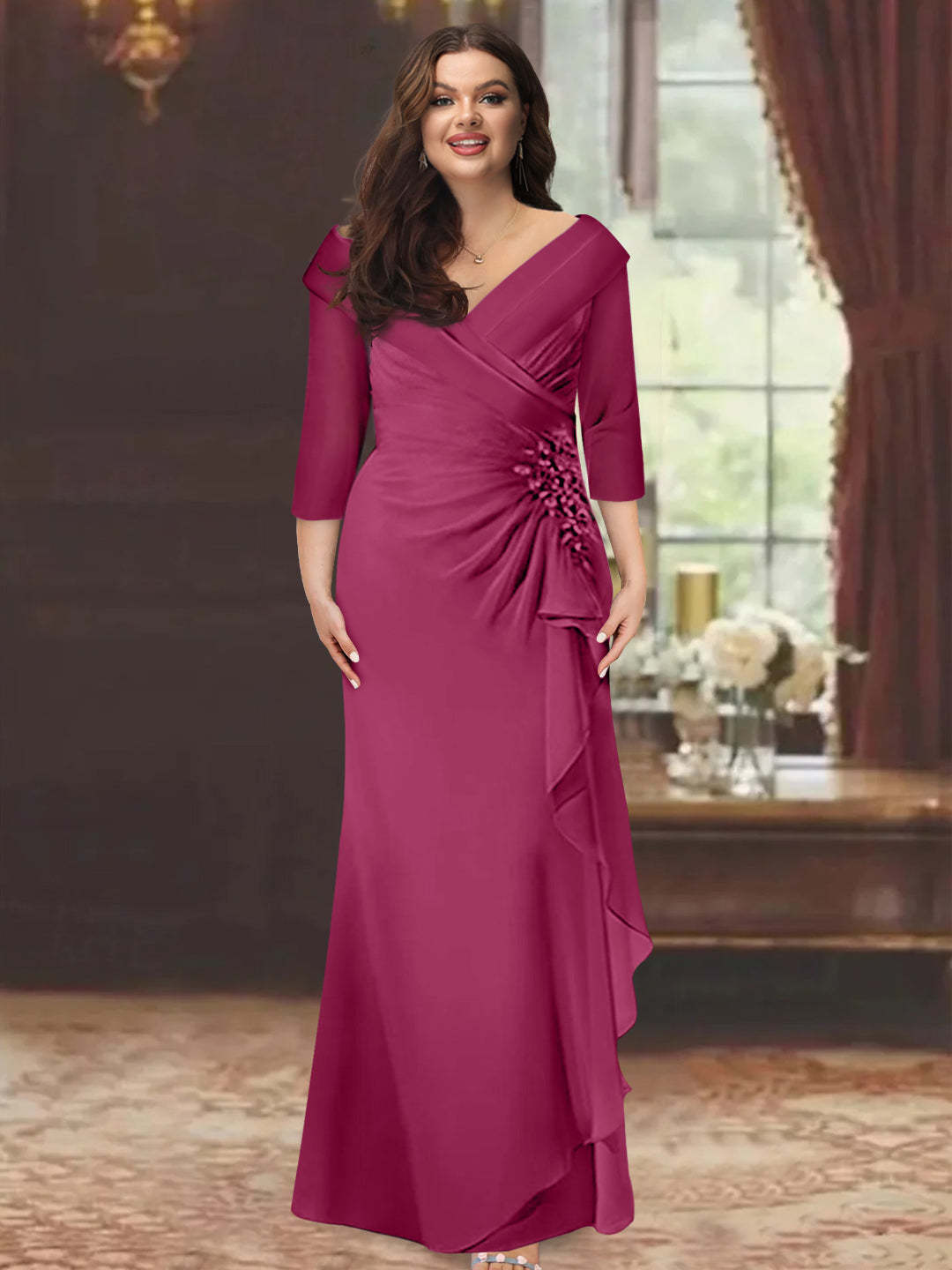 Plus Size Floor-Length V-Neck Sheath Mother of the Bride Dress with Ruffles and Appliques