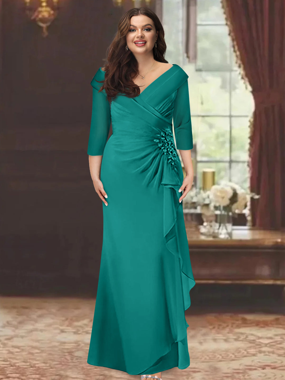 Plus Size Floor-Length V-Neck Sheath Mother of the Bride Dress with Ruffles and Appliques