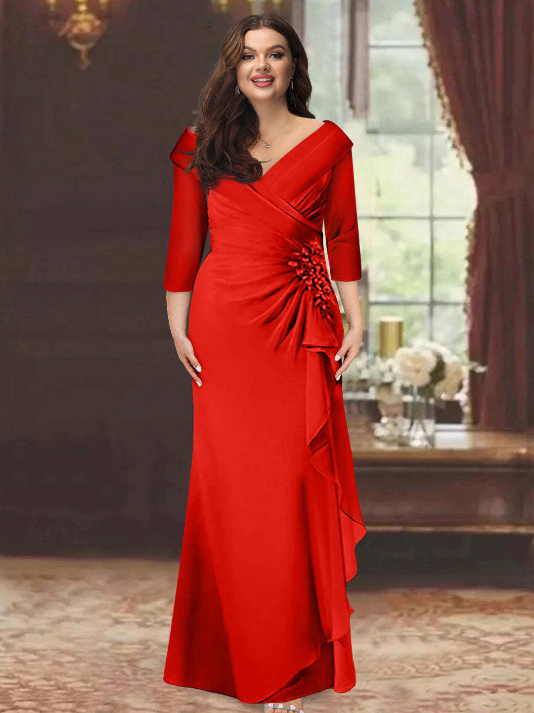 Plus Size Floor-Length V-Neck Sheath Mother of the Bride Dress with Ruffles and Appliques