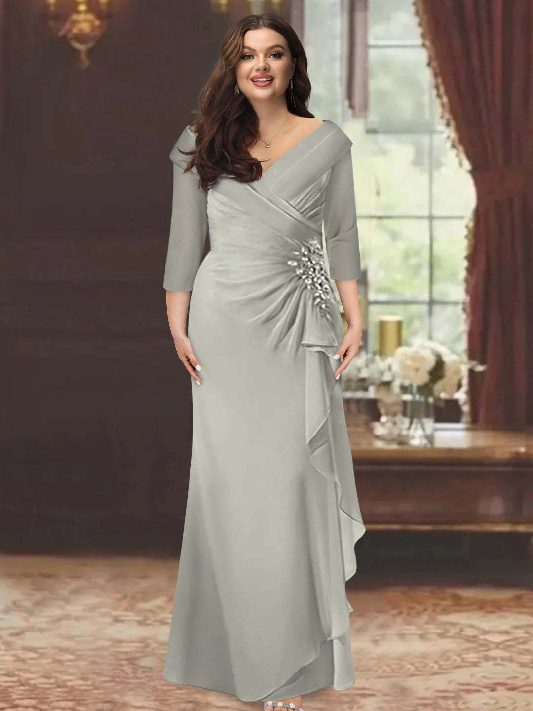 Plus Size Floor-Length V-Neck Sheath Mother of the Bride Dress with Ruffles and Appliques