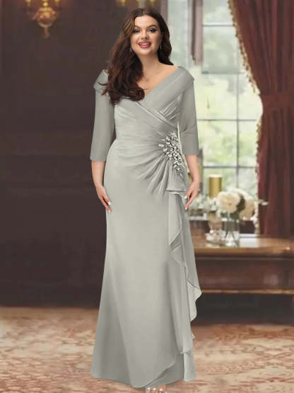 Plus Size Floor-Length V-Neck Sheath Mother of the Bride Dress with Ruffles and Appliques