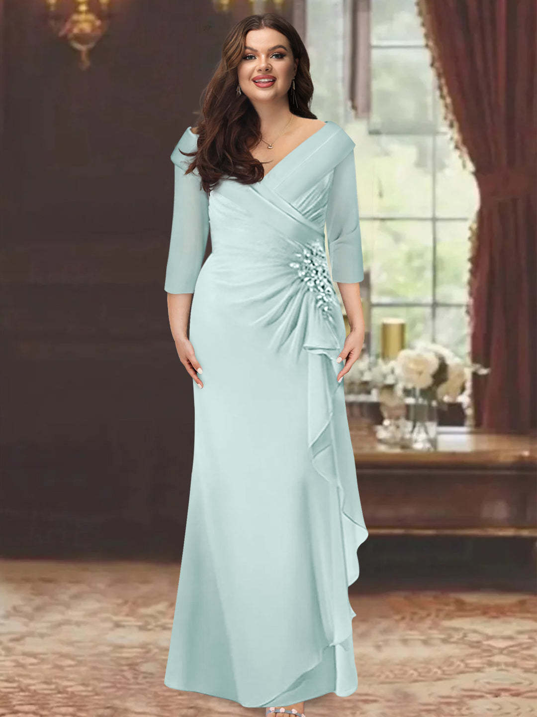 Plus Size Floor-Length V-Neck Sheath Mother of the Bride Dress with Ruffles and Appliques