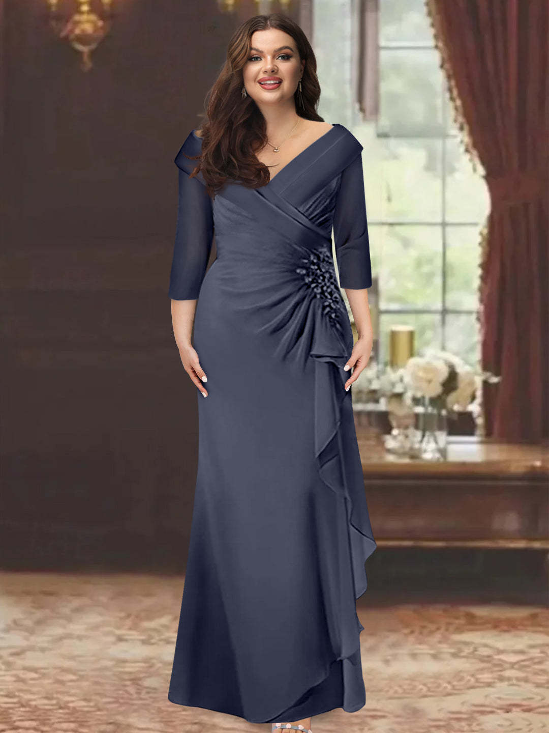Plus Size Floor-Length V-Neck Sheath Mother of the Bride Dress with Ruffles and Appliques