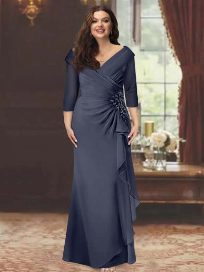 Plus Size Floor-Length V-Neck Sheath Mother of the Bride Dress with Ruffles and Appliques