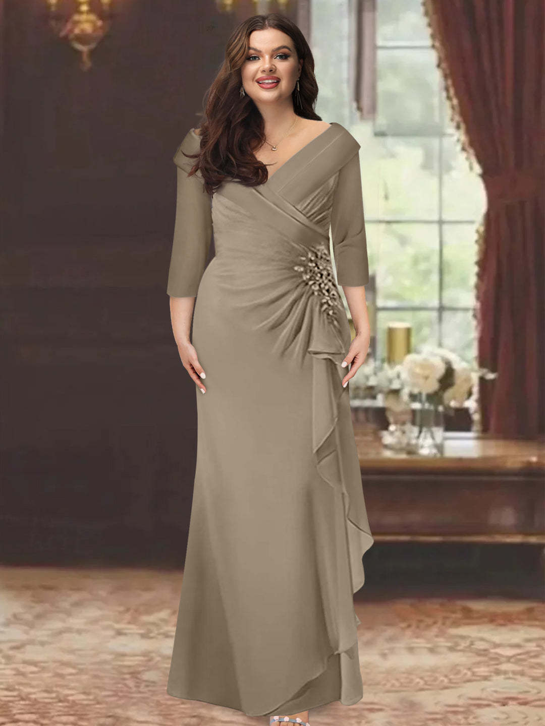 Plus Size Floor-Length V-Neck Sheath Mother of the Bride Dress with Ruffles and Appliques