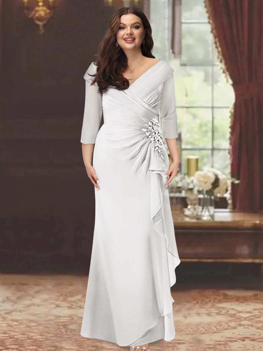 Plus Size Floor-Length V-Neck Sheath Mother of the Bride Dress with Ruffles and Appliques
