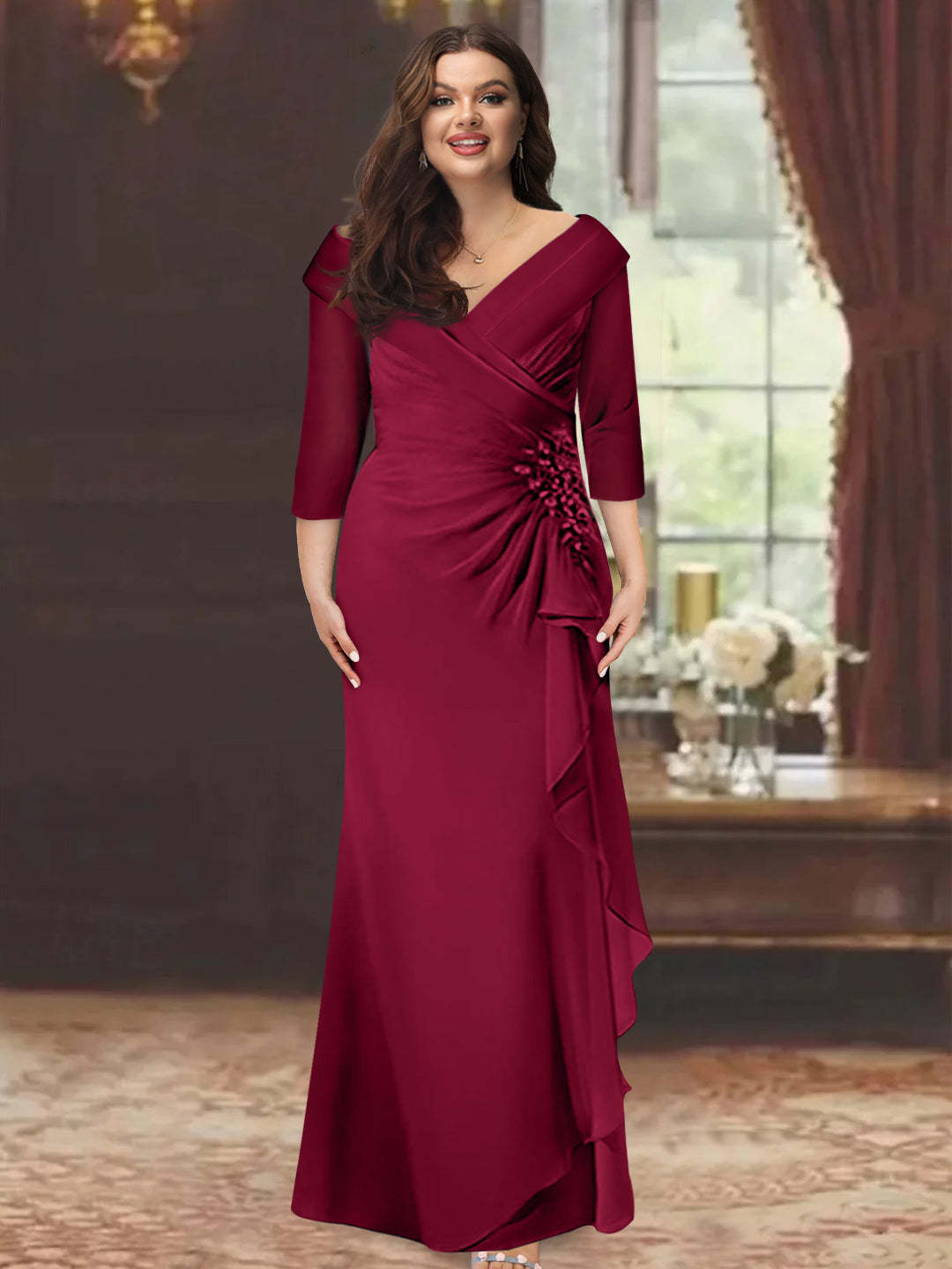 Plus Size Floor-Length V-Neck Sheath Mother of the Bride Dress with Ruffles and Appliques
