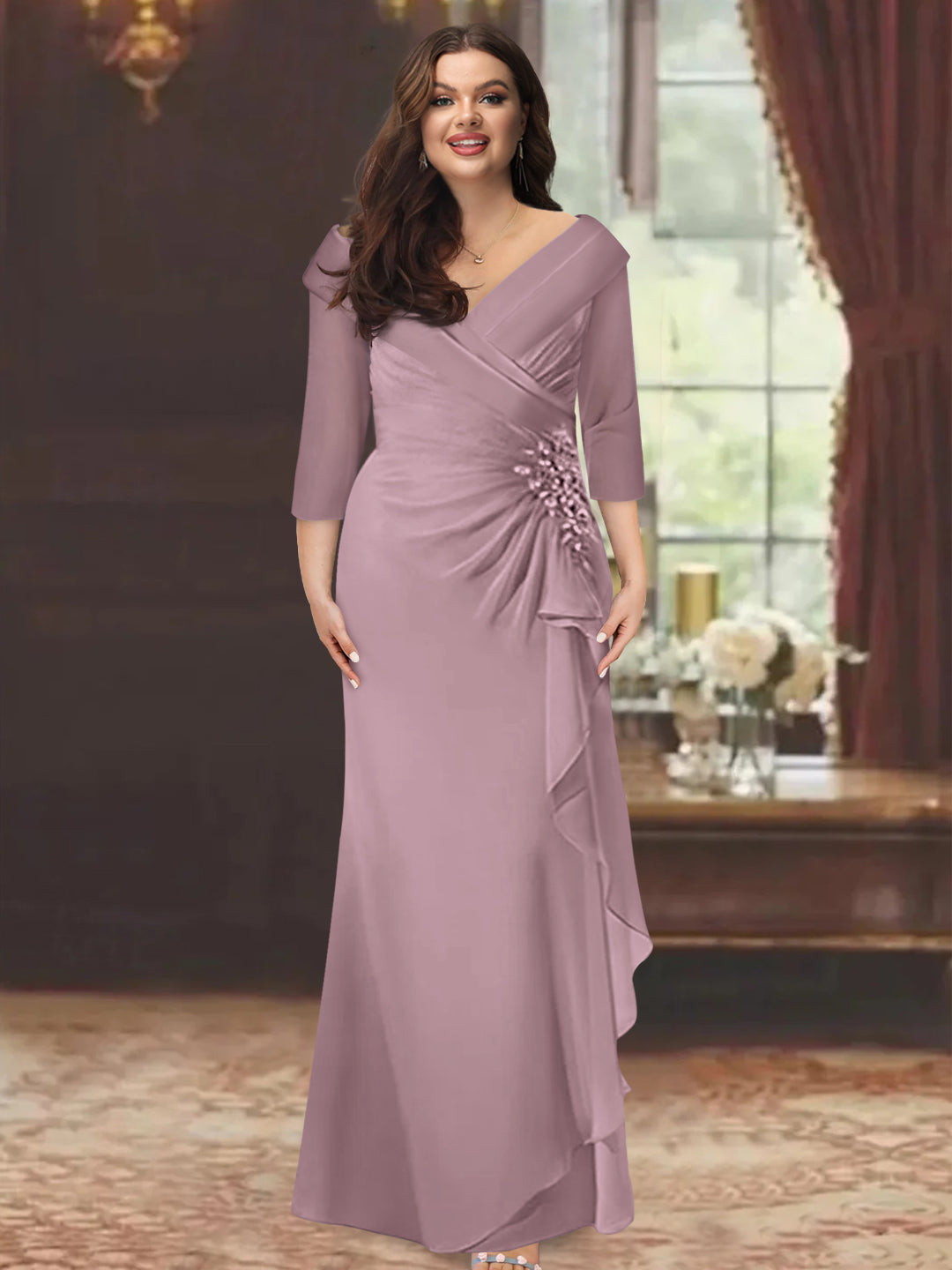Plus Size Floor-Length V-Neck Sheath Mother of the Bride Dress with Ruffles and Appliques