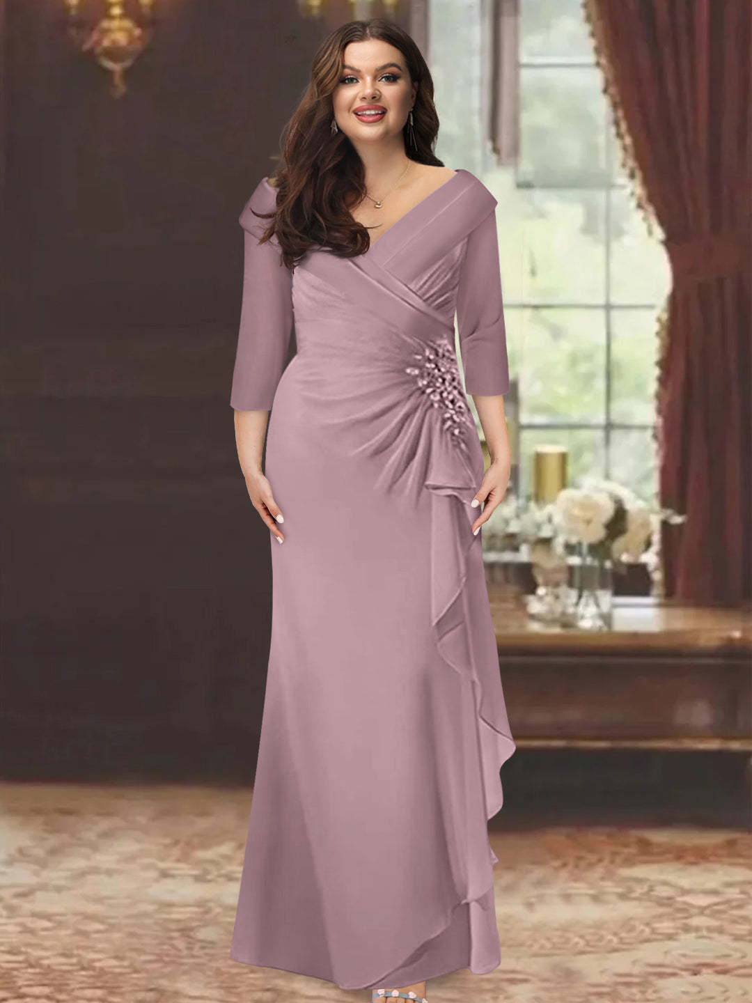 Plus Size Floor-Length V-Neck Sheath Mother of the Bride Dress with Ruffles and Appliques
