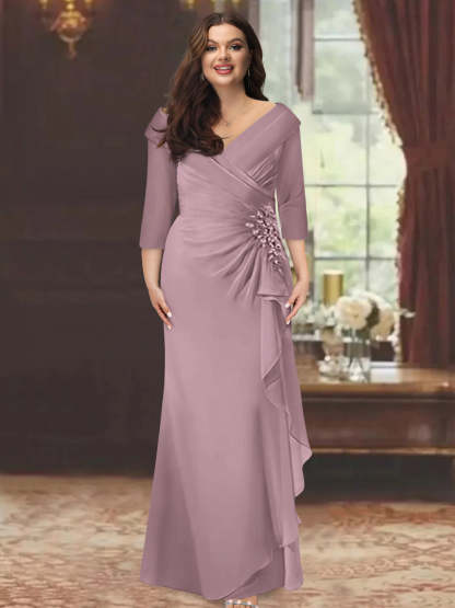 Plus Size Floor-Length V-Neck Sheath Mother of the Bride Dress with Ruffles and Appliques