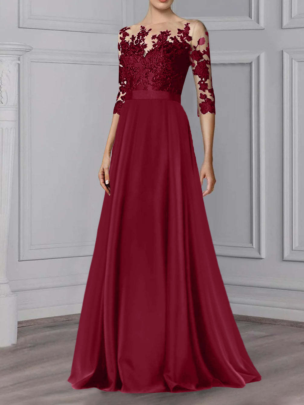 Floor-Length Mother of the Bride A-Line Dress with Jewel Neck and 3/4 Sleeves
