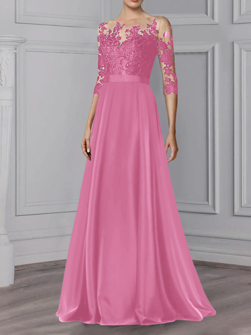 Floor-Length Mother of the Bride A-Line Dress with Jewel Neck and 3/4 Sleeves