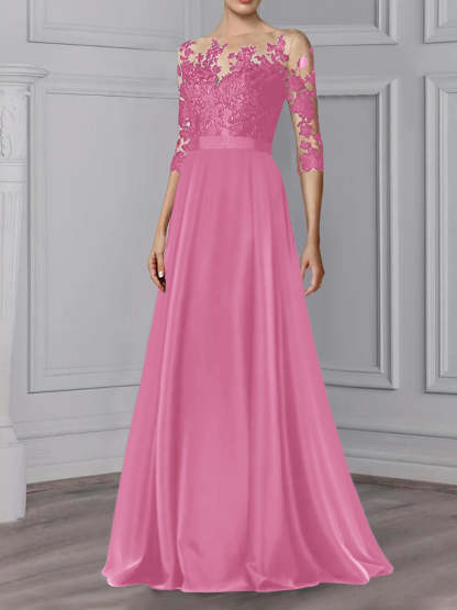 Floor-Length Mother of the Bride A-Line Dress with Jewel Neck and 3/4 Sleeves