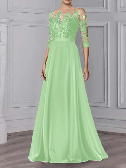 Floor-Length Mother of the Bride A-Line Dress with Jewel Neck and 3/4 Sleeves