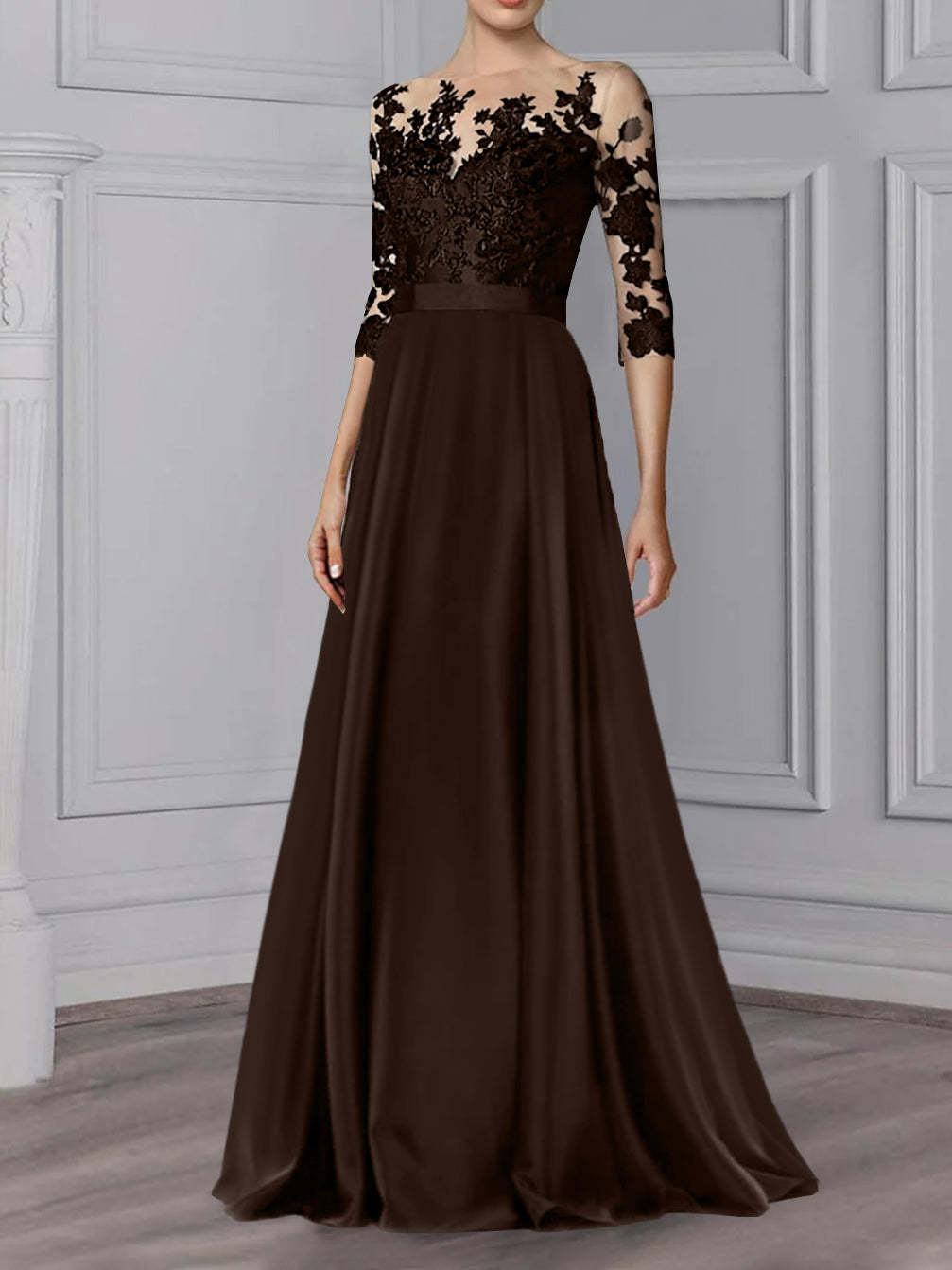 Floor-Length Mother of the Bride A-Line Dress with Jewel Neck and 3/4 Sleeves