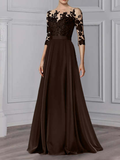 Floor-Length Mother of the Bride A-Line Dress with Jewel Neck and 3/4 Sleeves