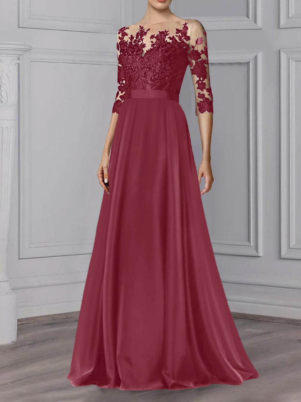 Floor-Length Mother of the Bride A-Line Dress with Jewel Neck and 3/4 Sleeves
