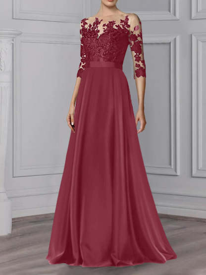 Floor-Length Mother of the Bride A-Line Dress with Jewel Neck and 3/4 Sleeves