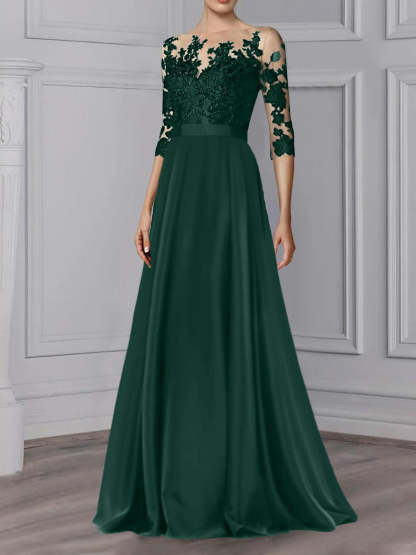 Floor-Length Mother of the Bride A-Line Dress with Jewel Neck and 3/4 Sleeves