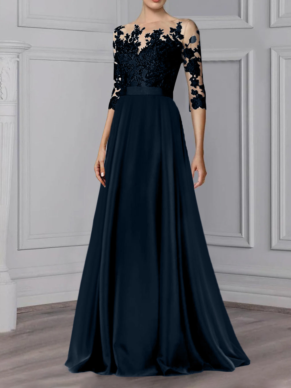 Floor-Length Mother of the Bride A-Line Dress with Jewel Neck and 3/4 Sleeves