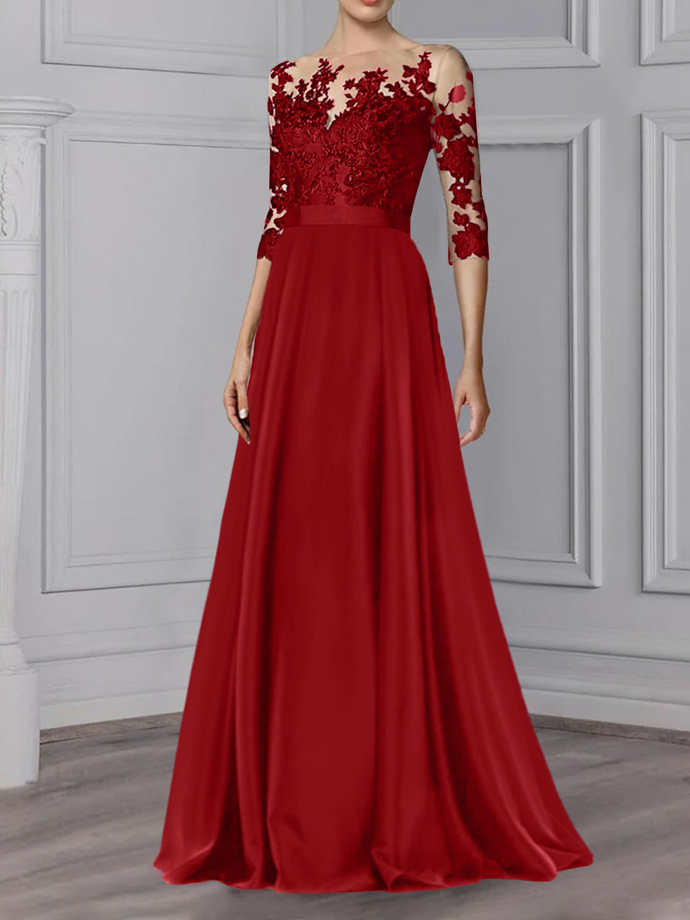 Floor-Length Mother of the Bride A-Line Dress with Jewel Neck and 3/4 Sleeves