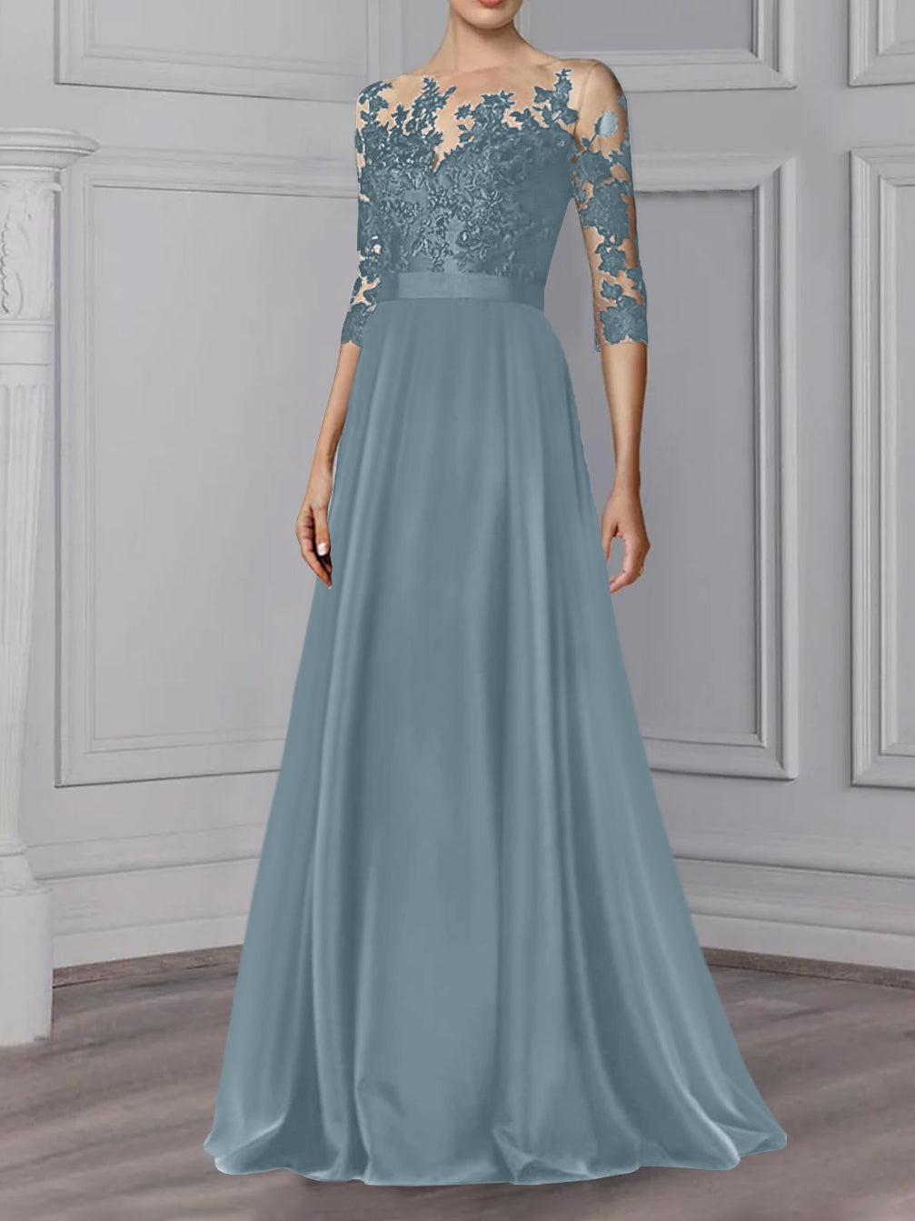 Floor-Length Mother of the Bride A-Line Dress with Jewel Neck and 3/4 Sleeves