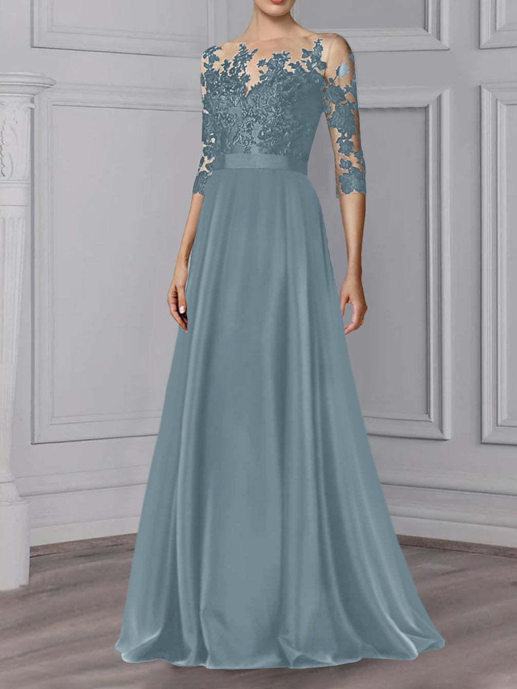 Floor-Length Mother of the Bride A-Line Dress with Jewel Neck and 3/4 Sleeves