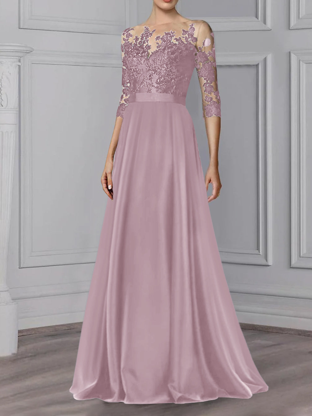 Floor-Length Mother of the Bride A-Line Dress with Jewel Neck and 3/4 Sleeves