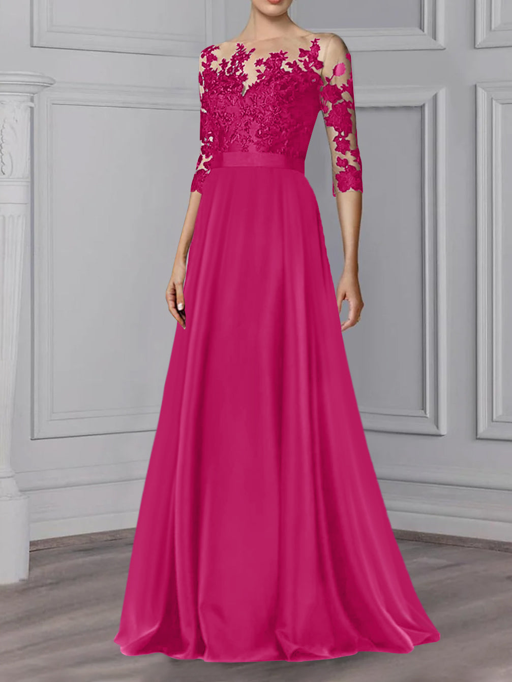 Floor-Length Mother of the Bride A-Line Dress with Jewel Neck and 3/4 Sleeves