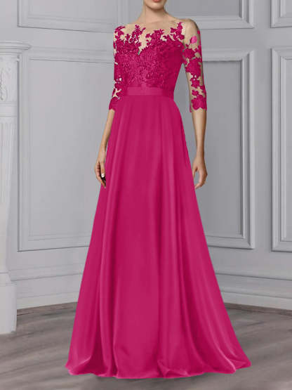 Floor-Length Mother of the Bride A-Line Dress with Jewel Neck and 3/4 Sleeves