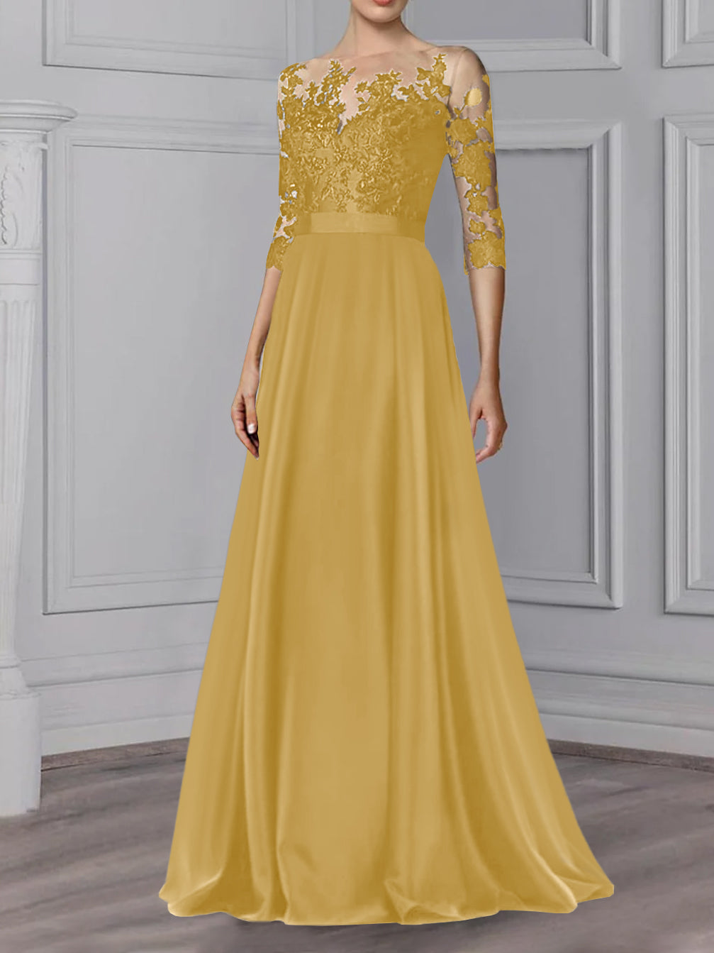 Floor-Length Mother of the Bride A-Line Dress with Jewel Neck and 3/4 Sleeves