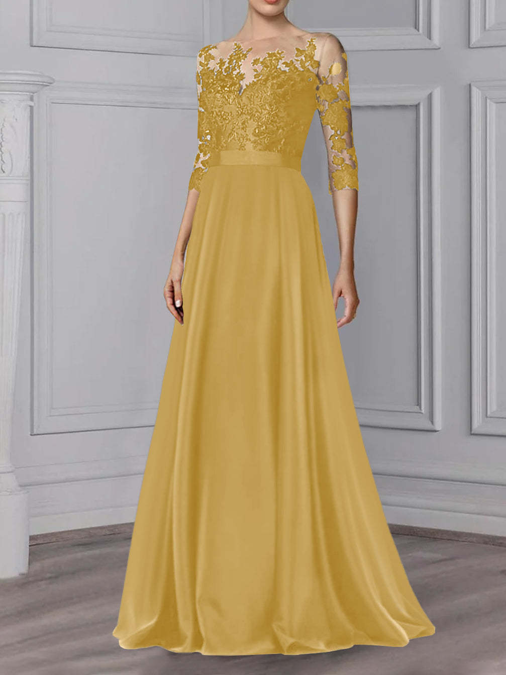Floor-Length Mother of the Bride A-Line Dress with Jewel Neck and 3/4 Sleeves