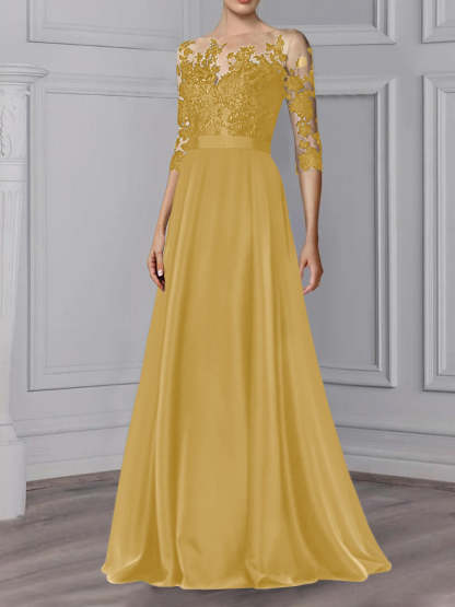 Floor-Length Mother of the Bride A-Line Dress with Jewel Neck and 3/4 Sleeves