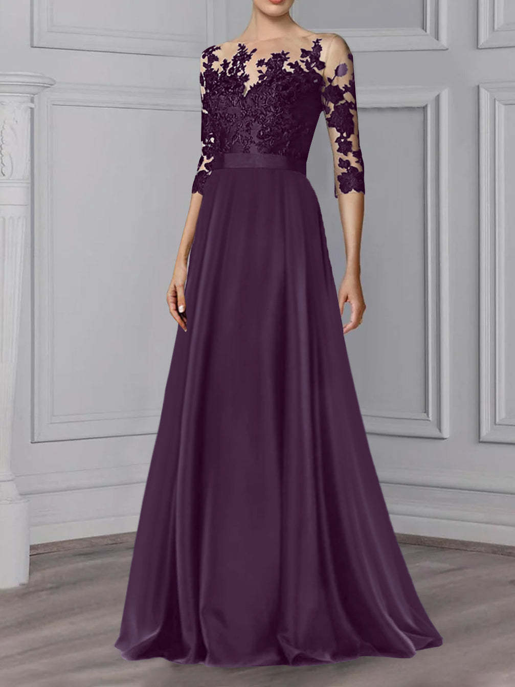 Floor-Length Mother of the Bride A-Line Dress with Jewel Neck and 3/4 Sleeves