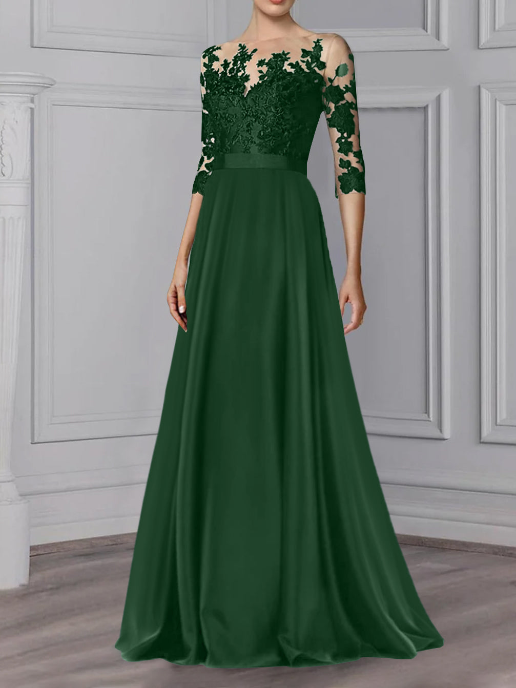 Floor-Length Mother of the Bride A-Line Dress with Jewel Neck and 3/4 Sleeves