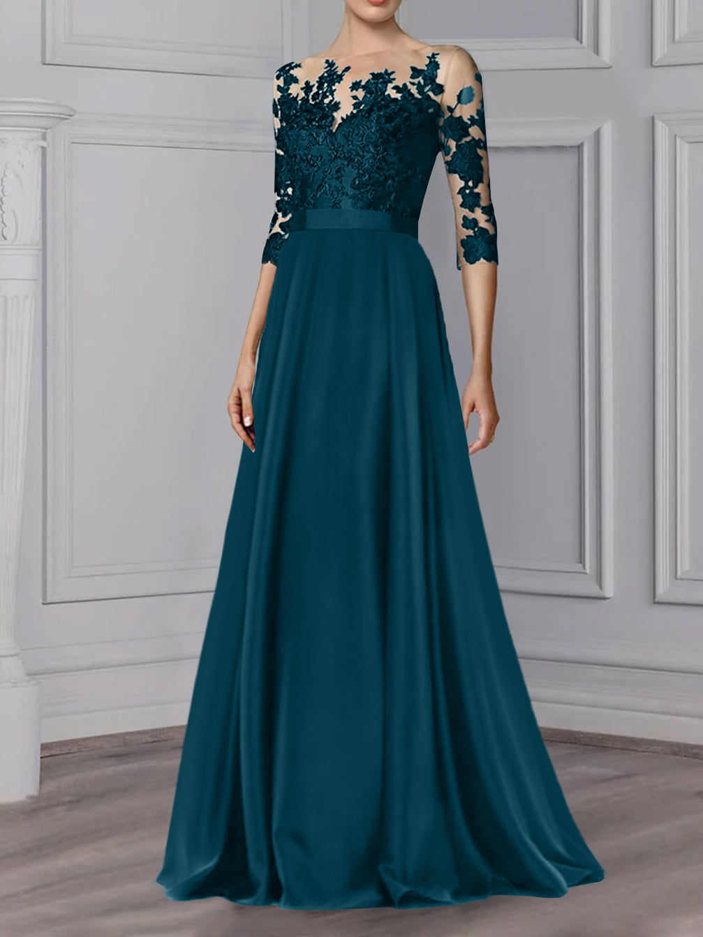 Floor-Length Mother of the Bride A-Line Dress with Jewel Neck and 3/4 Sleeves