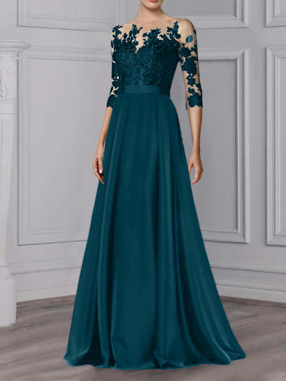 Floor-Length Mother of the Bride A-Line Dress with Jewel Neck and 3/4 Sleeves