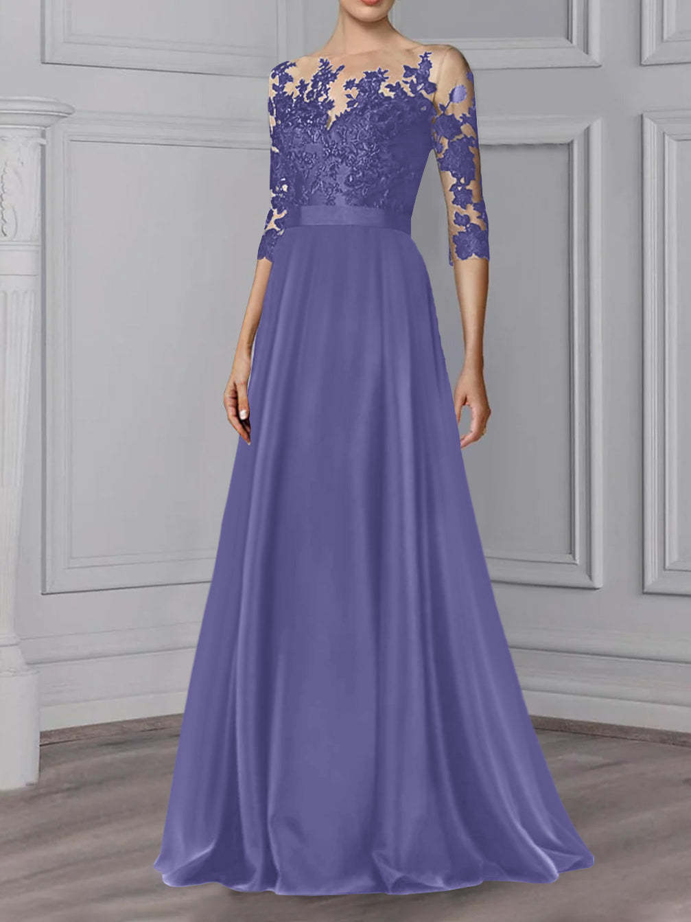 Floor-Length Mother of the Bride A-Line Dress with Jewel Neck and 3/4 Sleeves