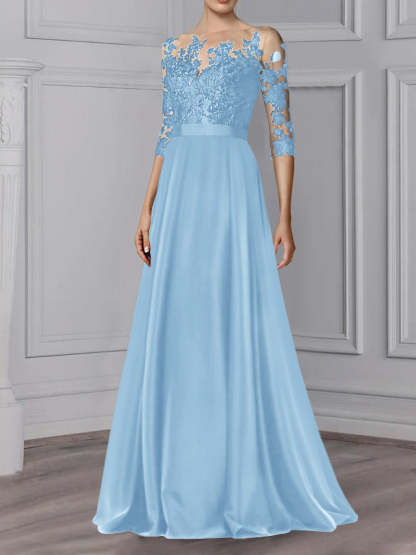Floor-Length Mother of the Bride A-Line Dress with Jewel Neck and 3/4 Sleeves