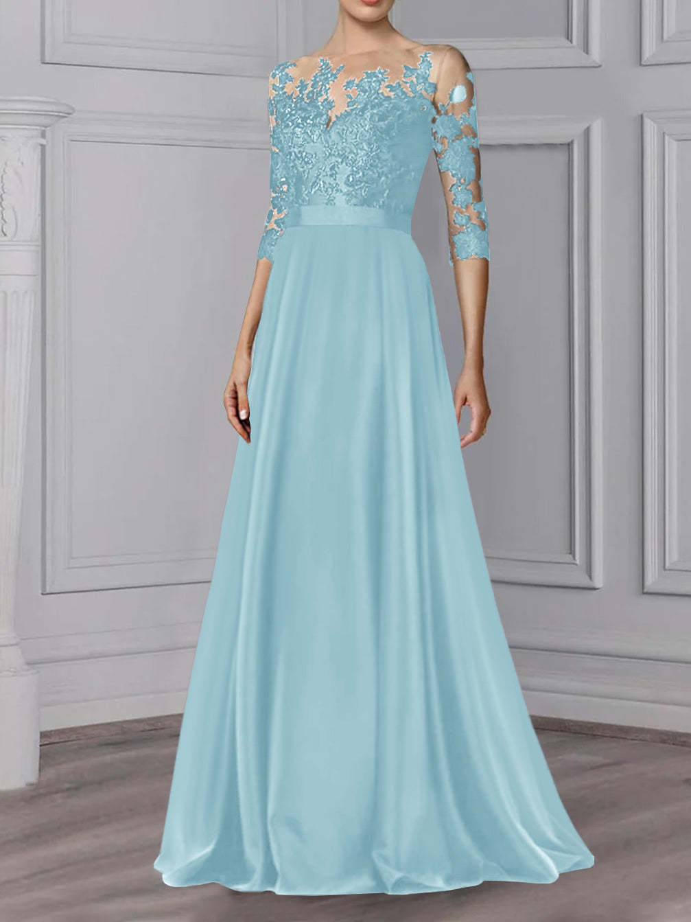 Floor-Length Mother of the Bride A-Line Dress with Jewel Neck and 3/4 Sleeves