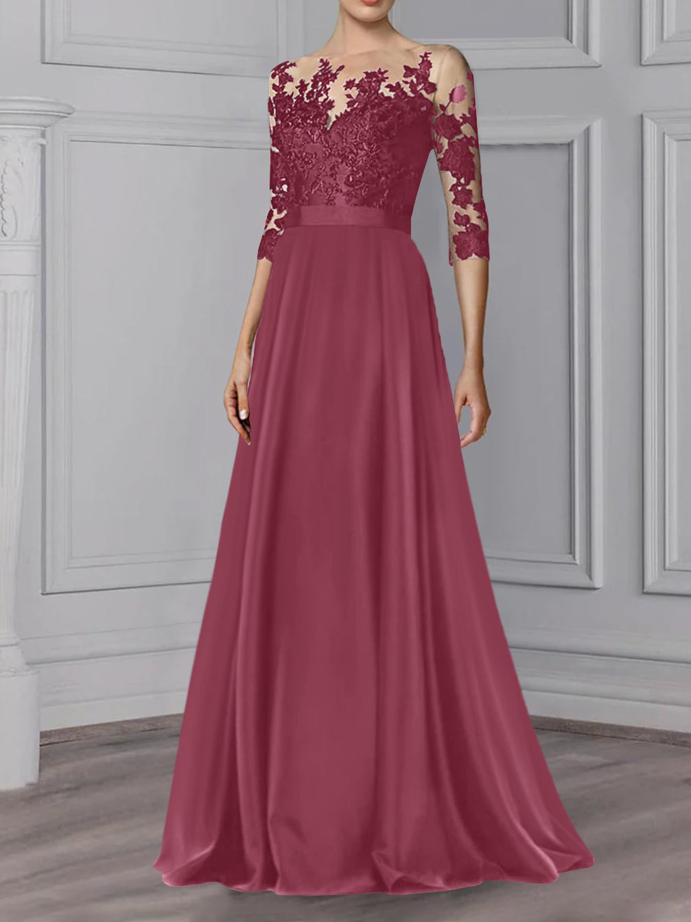 Floor-Length Mother of the Bride A-Line Dress with Jewel Neck and 3/4 Sleeves