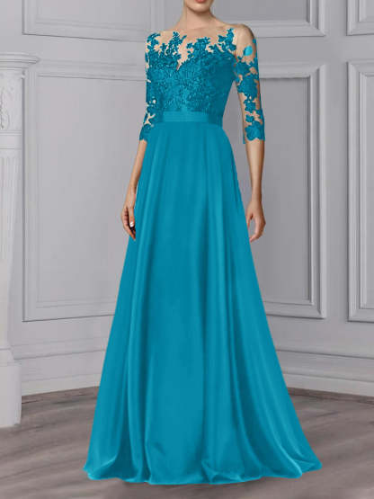 Floor-Length Mother of the Bride A-Line Dress with Jewel Neck and 3/4 Sleeves