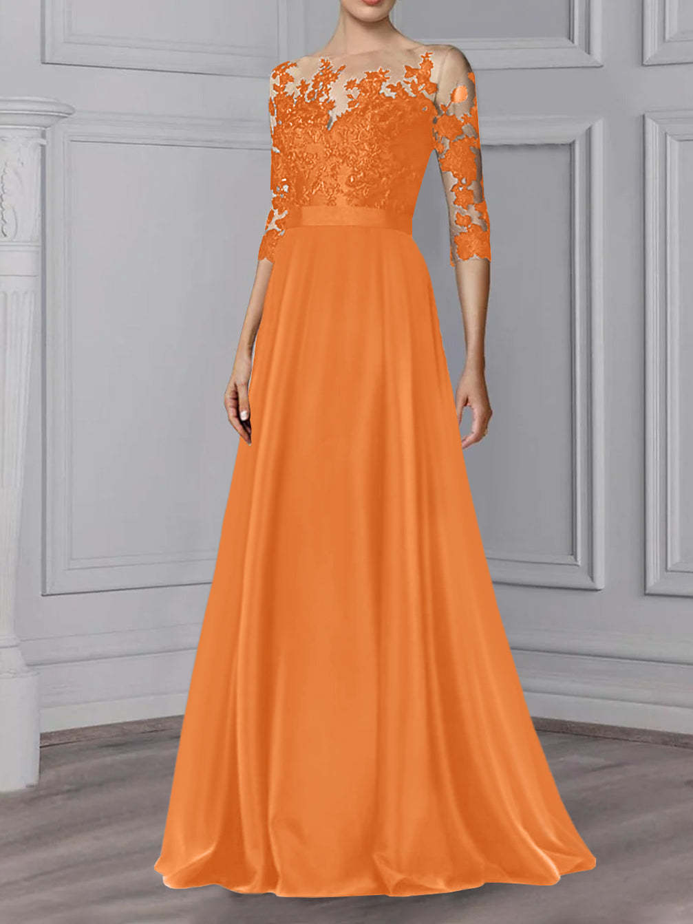 Floor-Length Mother of the Bride A-Line Dress with Jewel Neck and 3/4 Sleeves