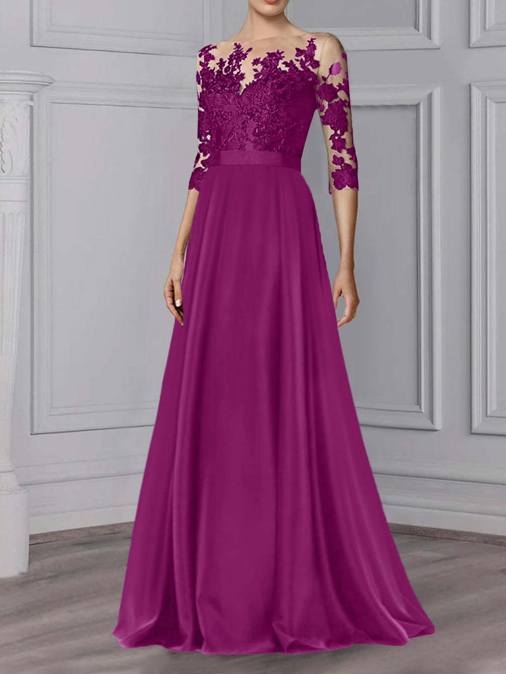 Floor-Length Mother of the Bride A-Line Dress with Jewel Neck and 3/4 Sleeves