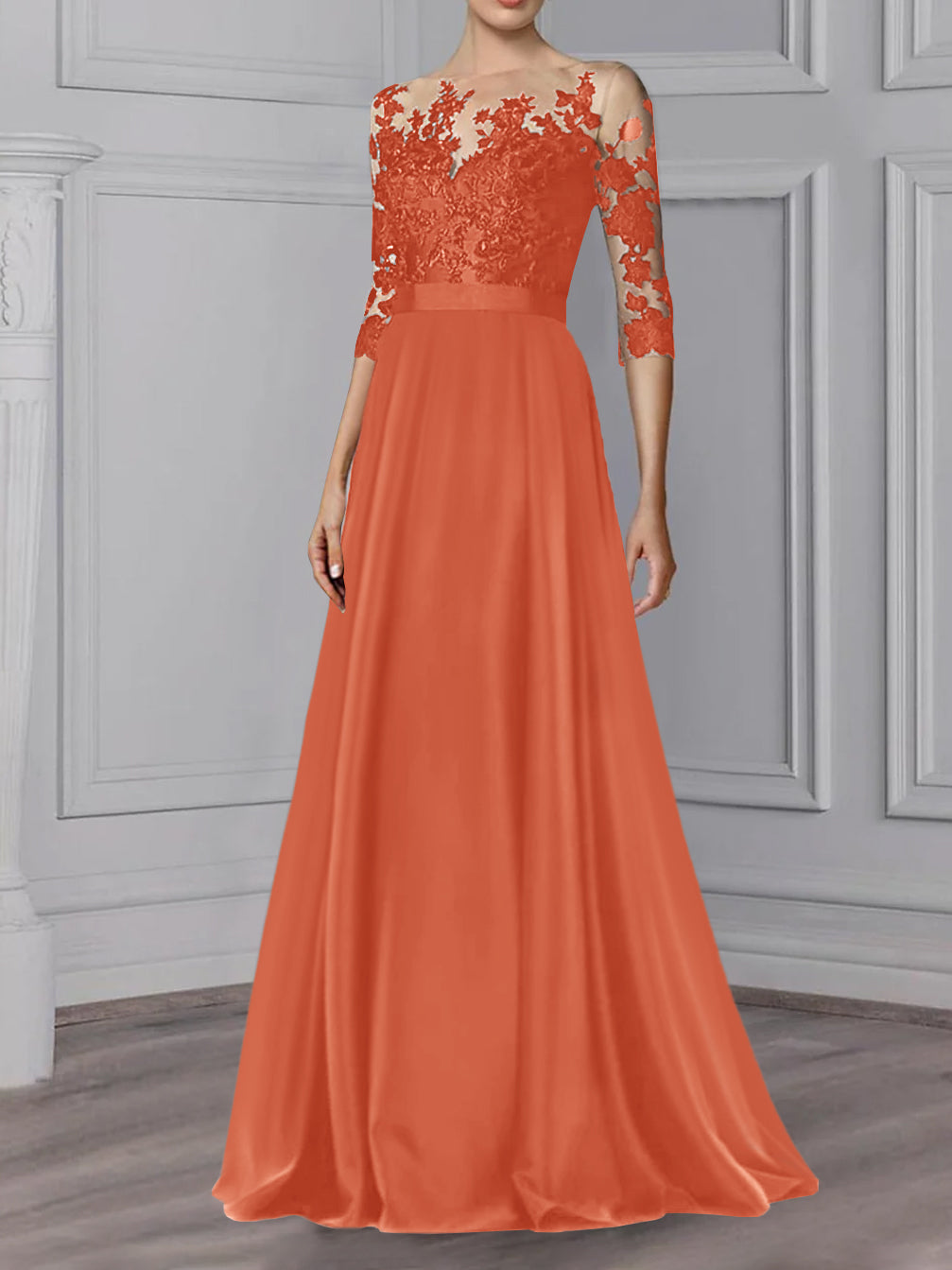 Floor-Length Mother of the Bride A-Line Dress with Jewel Neck and 3/4 Sleeves